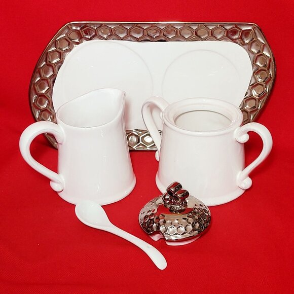 Honeycomb Bee Hive Creamer Pitcher Sugar Serving Spoon Set with Tray White Porce - Picture 6 of 12